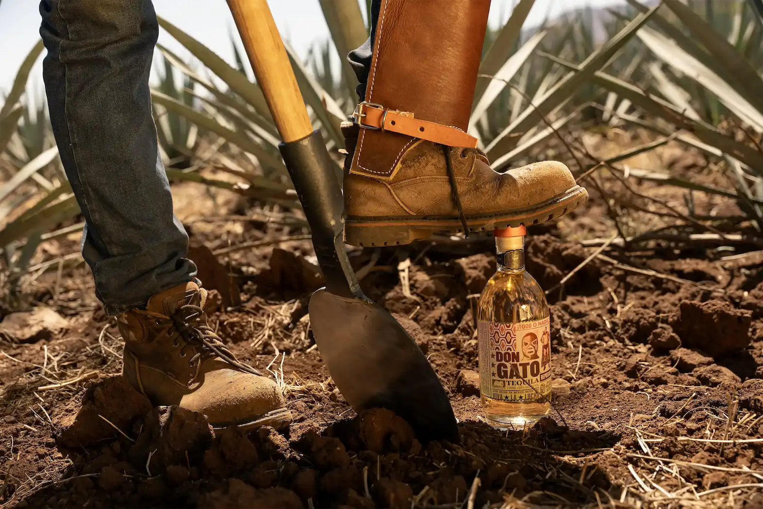 A work boot and shovel beside a bottle of Don Gato Reposado in an agave field